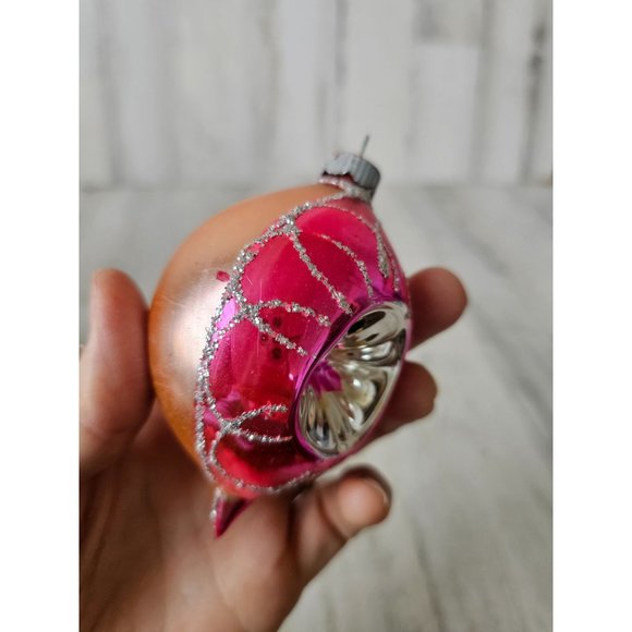 Vintage reflector pink teardrop glass ornament Xmas tree - Picture 6 of 9